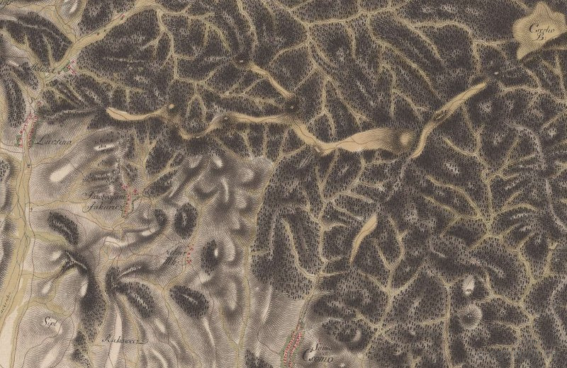 Prvé vojenské mapovanie - odlesnený hrebeň Príslopov, Boldovskej a Lysej a hrebeňová cesta ním vedúca