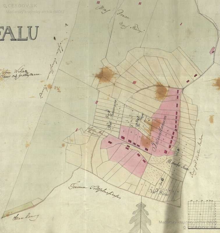 Mappa praedii Ambrusfalu (Mapa osady Ambrušovce z roku 1837). I - majetok Štefana, II - Benjamína a III - Ambruša Péchyho. Ružová - intravilán, žltá - polia a zelená - lúky.