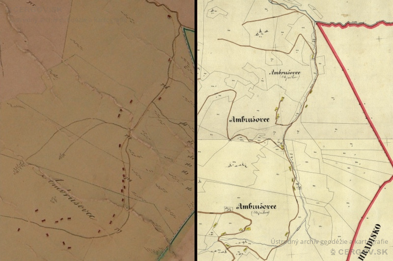 Porovnanie osídlenia osady Ambrušovce z máp z roku 1865 a 1869. ©ŠOBA 
