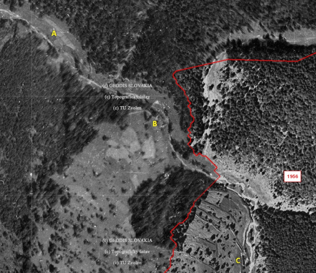 Nižná časť osady Ambrušovce. A - Ján Starinský, B - Jozef Lazorčák, C - Ján a Štefan Starinský