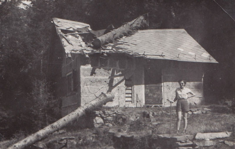 Zničená Chmelárova chata po páde jedle