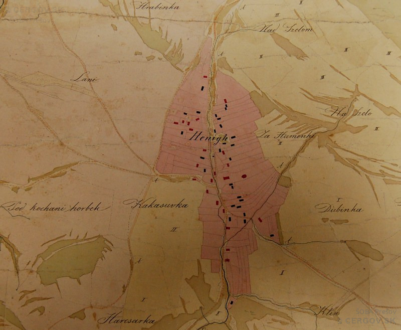 Hanigovce na archívnej mape z roku 1859