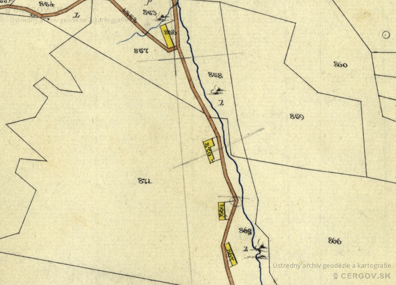 Katastrálna mapa Olejníkov. Sign. Ša 222, č. mapy 26. Usadlosti Jána Švedu (856), Andreja Čundru (870), Michala Drobňáka (869) a Jána Michalika (867).