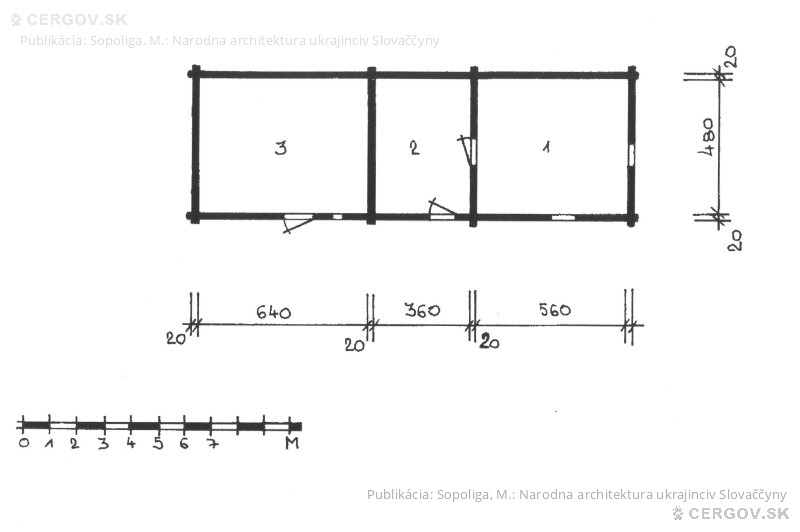Pôdorys domu Štefana Blaščáka, osada Baranie. 1 - obytná časť, 2 - priklet, 3 - stajňa