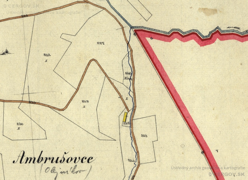 Katastrálna mapa Olejníkov. Sign. Ša 222, č. mapy 21. Usadlosť Tomka Uhľara (825).